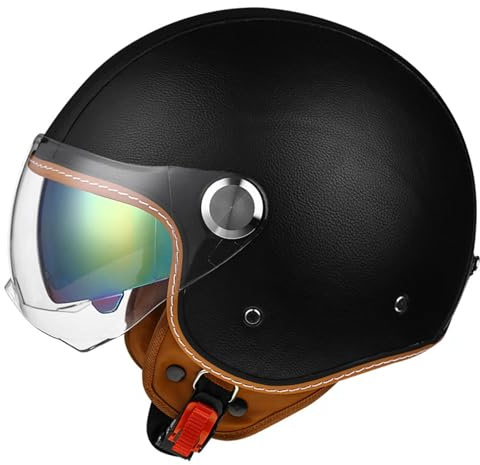 VVPEC retrò Pelle Casco Motociclista Caschi Jet E Demi-Jet con Doppia Visiera Vintage Casco A Mezzo Aperto Moto Adulti Uomini E Donne Omologato ECEDOT per Bici Scooter Chopper Cruiser(7,M=57~58cm)