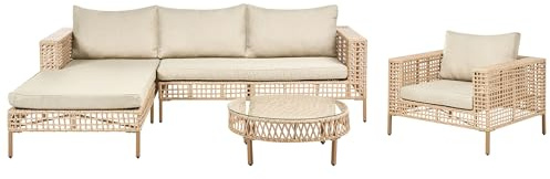 Beliani PE Rattan Right Hand Garden Lounge Set with Coffee Table 4 Seater with Cushions Beige Calasetta