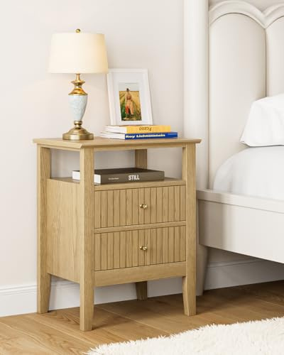 HEYZOEY Nachttisch, Retro Nachtschrank mit 2 Schubladen, Nachttisch, Boho Nachtkommode für Schlafzimmer, Wohnzimmer, Honig-Eiche