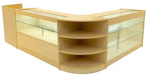 Maple Shop Counter Set Theia LED Light K1500 C1500 LM60 TB60 150cm 60cm W Lockable Sliding Doors Keys Retail Storage Units Till Block Glass Display Showcase Cabinet Corner Clothing Jewellery Shelves
