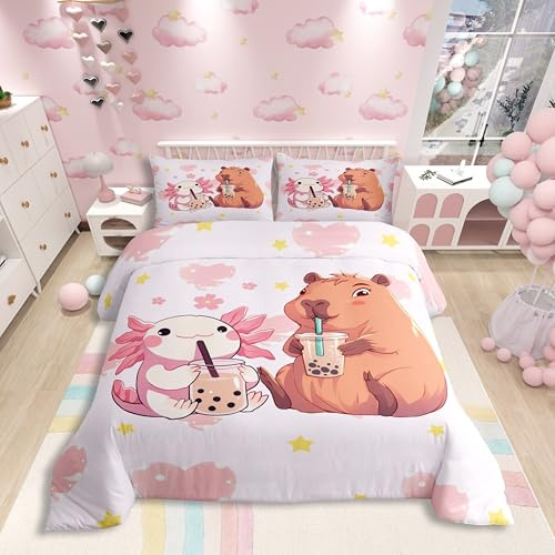 Homewish Axolotl und Capybara Bettwäscheset 135x200cm Cartoon Tiere Bubble Tea Trinkt Bettbezug für Kinder Herz Sterne Dekor Bettwäsche Süß Kawaii Tierliebhaber Bettset Moderne Schlafzimmer Dekor