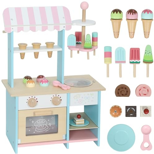 AIYAPLAY Eiswagen für Kinder Eisdiele Kinder 17 Stück EIS Kinderküche mit Küchenzubehör, Eistheke Spielküche Eisladen Rollenspiele Montessori Spielzeug Geschenk für Jungen Mädchen ab 3 Jahre
