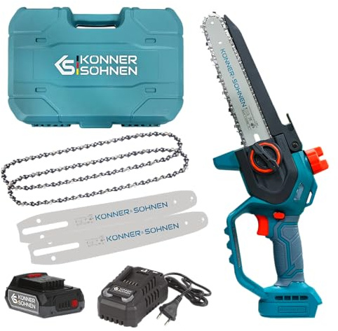 K&S Könner&Söhnen KS MCS20V-8 Case Akku Mini-Kettensäge mit 8″Schwert, Elektro Handkettensäge mit automatische Kettenschmierung, Einhand Akkusäge mit 20V Akku-Ladegerät sowie 2 Schienen und 2 Ketten