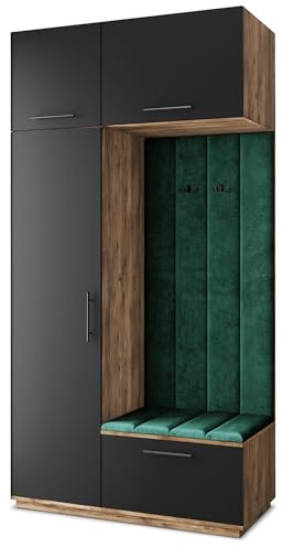 Masseno Flugarderoben Set Rema, Kleiderschrank-Set mit Sitzbank, Garderobenschrank Flur mit 5 Regalböden, Eiche Lefkas/Schwarz