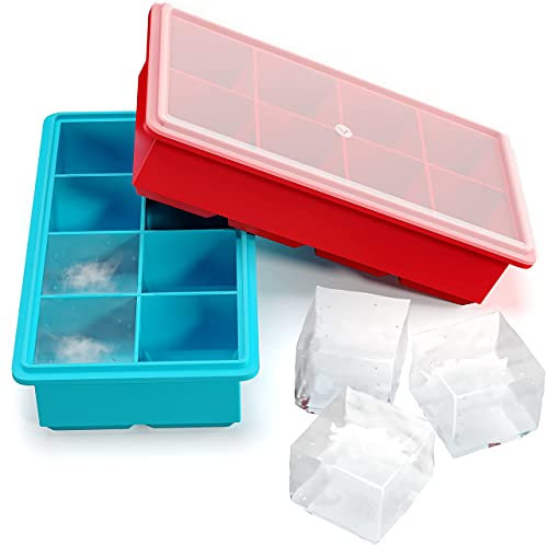 Vremi Large Ice Cube Trays - Pack of 2 Silicone Trays with Frost Resistant Lids - 8 Cubes per Tray - Great for Cocktails, Frozen Treats and More Multicolor