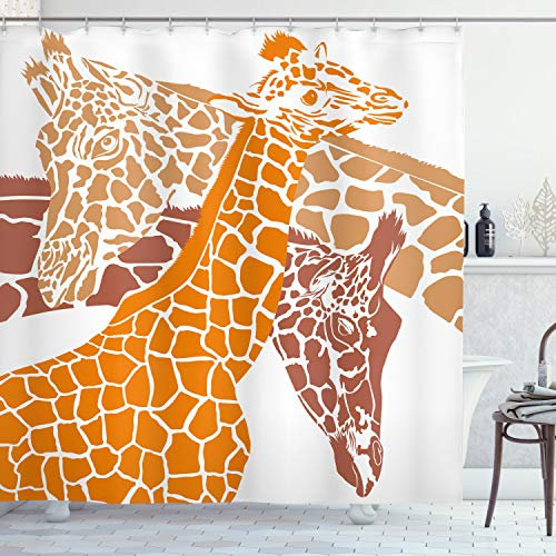 ABAKUHAUS Girafe Rideau de Douche, La Faune en Afrique, Tissu Ensemble de Décor de Salle de Bain avec Crochets, 175 cm x 240 cm, Brown Blanc Orange