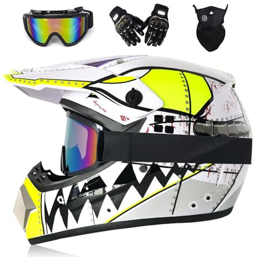 Motocross Helm Schwarz, MRDEAR Crosshelm mit Brille Handschuhe Maske, Fullface MTB Helm Pocket Bike Helm Motorradhelm Set für Enduro ATV Downhill Sicherheit Schutz,Pink,M