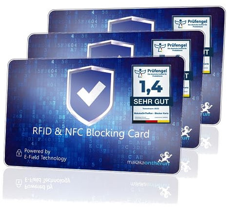 MakakaOnTheRun 3X RFID Blocker Karte (3fach geprüft: DEKRA + EMV + HF-Labor) 360° Schutzkarte für Geldbörse - NFC Blocker Karte - Schutzkarte gegen Datenklau - RFID Blocker Card