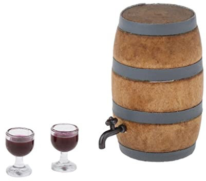 Fenteer Weinfass + 2 STK. Weinglas für Puppenhaus Küche Aufenthaltsraum Pub Bar Dekoration Zubehör