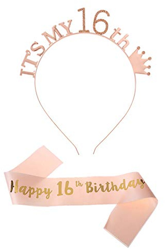 CHTENG Rose Gold Happy Birthday Schärpe und Tiara Strass Krone Stirnband für Geburtstagsparty Supplies (16)