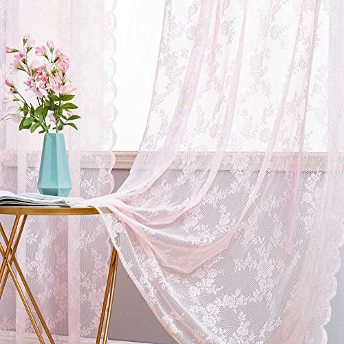 MIULEE 2er Set Vorhang Ösenvorhang mit Spitze Transparente Besondere Dekorative Gardine Kettenwirken Lace Halbtransparent Lichtdurchlässig für Wohnzimmer Kinderzimmer Cafeteria 150x225cm Hell-Pink