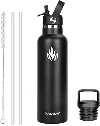 XACIOA Water Bottle Stainless Steel with Straw -for Hot/Cold Drinks 500/750/1000ml Vacuum Insulated Flask Leak Proof Drink Sport,BPA Free - with 2 Replacement Lid and Straw Brush