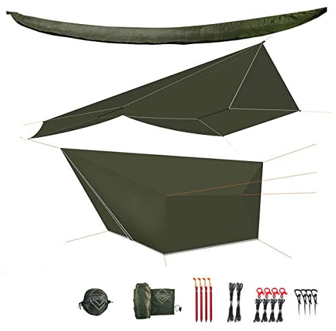 onewind Hammock Tarpaulin, Rain Fly, Ultralight Large Cover, Shelter with Doors, Portable for Winter Bushcraft, Tent, All Accessories Included (Olive Green, 365 cm x 295 cm)