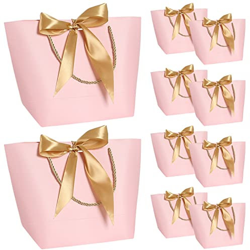 Sacs de Fête en Papier, 10pcs Sacs Cadeaux avec Poignées et Ruban, Sac Cadeau Papier pour Anniversaire Naissance Noël Fête Mariage Pâques Célébration (Rose)