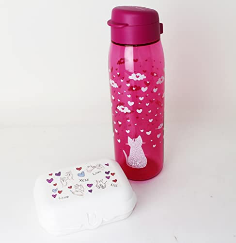 TUPPERWARE EcoFresh Trinkflasche 750ml Pink Katze Motiv + Twin Gr. 2 Herzen Weiß + Mini Peng 200ml