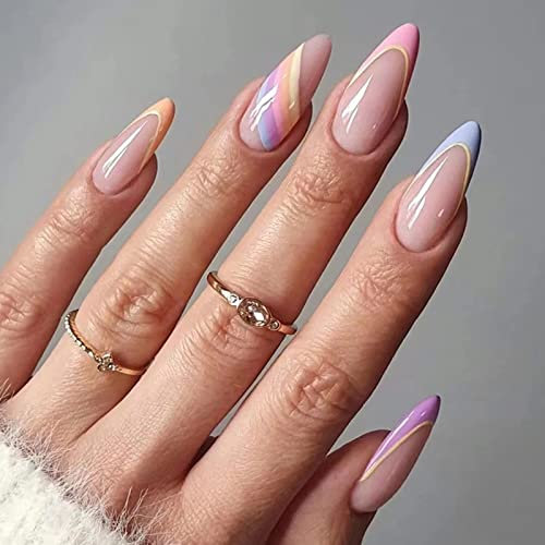 JUSTOTRY 24 Stück Press on Nails Mandel Kurz,Light Rainbow Swirl Fingernägel zum Aufkleben, Acryl Oval Nägel Zum Aufkleben mit Nagelkleber, French Künstliche Nägel Kurz für Frauen Nails Art