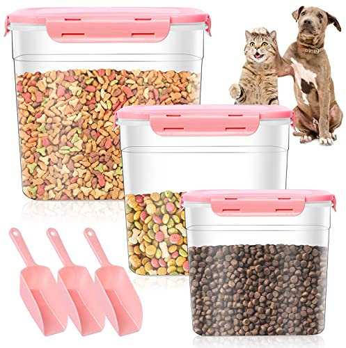 Elesunory 3 Pieces Animal Food Storage Containers, Plastic Dog Food Storage Container with Spoon, 4 Seal Buckles Pet Food Storage Containers for Dog Cat Treats(3.8 L+ 2.3L +1.2L)