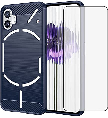 Asuwish Compatible with Nothing Phone 1/Nothing Phone One Case and Tempered Glass Screen Protector with Shockproof Slim Silicone Carbon Fiber Cell Accessories Phone Cover for Phone1 Women Men Blue
