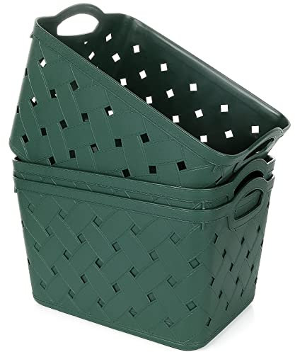 ASelected 3 Pack Plastic Woven Storage Basket With Handles, Large 31X22.5X21.5cm, Beautiful Fashionable, Skin Pattern Cross Woven, For Kitchen, Living Room, Office, Bathroom, Bedroom, (Green)