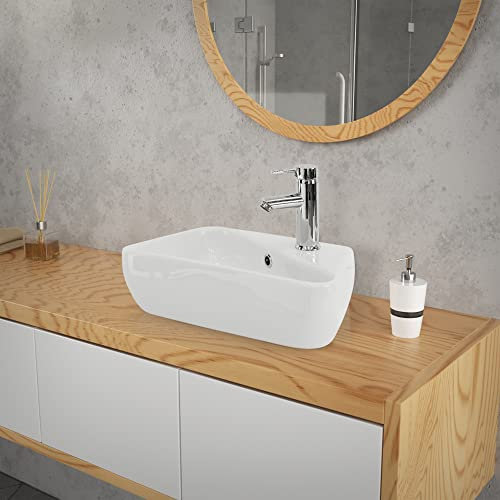 ML-Design Lavabo Angulaire en Céramique Blanc, 450 x 270 x 130 mm, Montage Mural/à Poser, avec Trop-Plein et Trou pour Robinet à Droite, Vasque Lave-Mains Évier Salle de Bain, Design Moderne