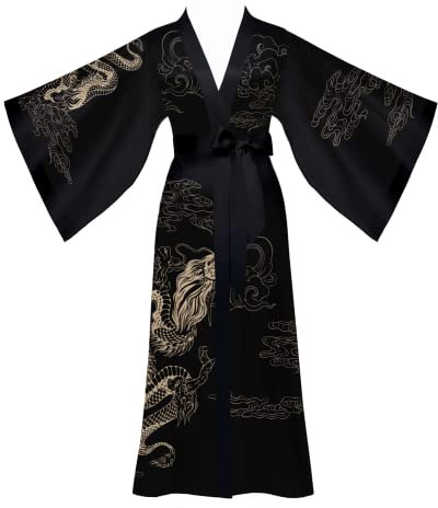 Yemmert Ladies kimono Dressing Gowns Silky Satin Long Sleeve Dragon Kimonos Dressing Gown for Women (Black)