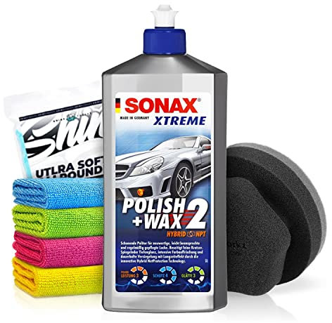 Politurset: SONAX XTREME Polish + Wax 2 Hybrid NPT (500ml) Auto Politur mit Hybrid NetProtection + Applikator + Mikrofasertücher | mühelos und schnell zum perfekten Polierergebnis | 6-teilig