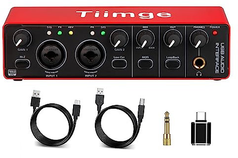 Tiimge Interfaccia audio USB 2x2 per PC, con alimentazione phantom da 48 V, 24 bit/192 kHz ad alta fedeltà, preamplificatore microfono porte XLR/TSR/TS, compatibile per chitarrista, cantante,