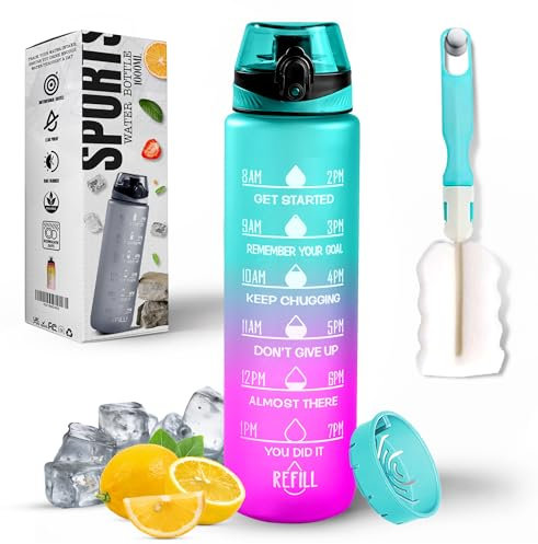 K-MART Water Bottle 1L, Sports Water Bottle with Time Markings, BPA-Free, Leak-Proof Drinks Bottle, Perfect for Running, Cycling, Gym, Yoga, Camping and Outdoor Activities, Green-pink