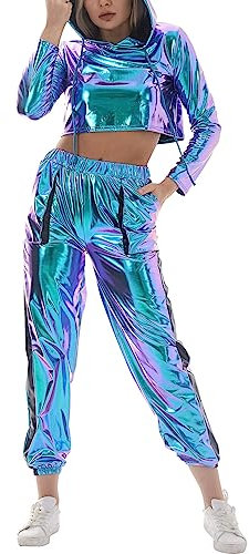 Odizli 90er Jahre Outfit Damen Mottoparty 80er Jogginganzug Damen Set Glitzer Metallic Langarm Kapuzen Crop Top+Cargohose Jogginghose 2tlg Trainingsanzug Gym Freizeitanzug New Kids Kostüm Blau XXL