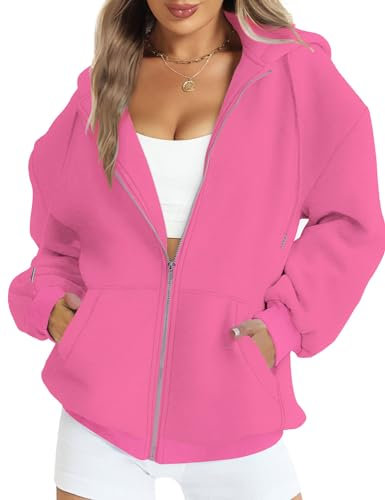 FANCYINN Felpe con Cappuccio da Donna con Zip Integrale Felpe con Cappuccio da Donna Ragazze Adolescenti Cappotti in Pile Oversize Giacche a Maniche Lunghe Rose Red L