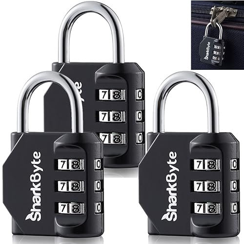 SharkByte Luggage Locks - 3-Dial Weatherproof Outdoor Security Combination Padlock, Small Travel Lock for Suitcases Luggage Case Travel Bag Gym Lockers Code Padlock (Pack of 3)