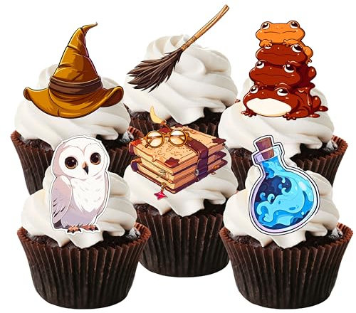 PRECUT Wizard Cupcake Toppers, Wizarding School Cake Decorations, Edible Sorcerer Cup-Cake Topper, Witch Birthday Party - 2 Inches/5cm (Pack of 12)