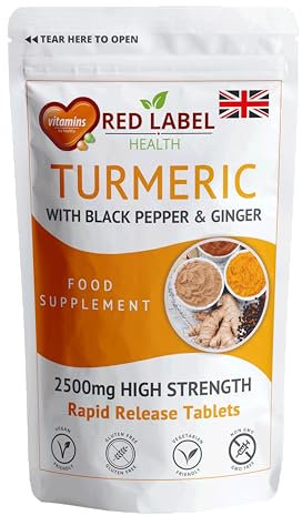 Red Label Health Turmeric Tablets 2620 mg with Black Pepper & Ginger, 180 Count (6 Months Supply) High Strength Curcumin Supplements, Not Turmeric Capsules, Vegan and Gluten Free, UK Made