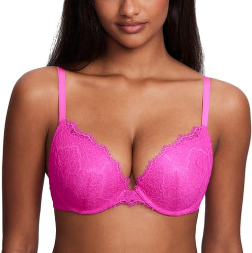 DOBREVA Women's Push Up Bra Eyelash Lace Sexy Cleavage Underwire Support Plunge Bras Bright Fuchsia 32A