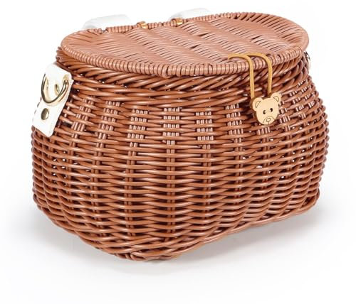 SVNR Fahrradkorb Kinder Abnehmbar, Fahrradkorb Kinder und Mädchen Vorne, Kinderfahrrad und Laufrad Korb aus Rattan, 2 Arten von Verstellbaren Riemen, Passend für Die Meisten Fahrräder, Braun