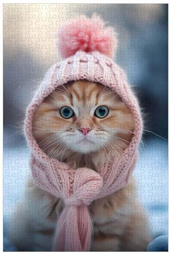 1000-teiliges Holzpuzzle für Erwachsene, süße pelzige Katze mit Hut im Schnee, Tierlandschaftspuzzle (B ; 1000)