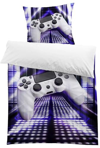 MUSOLEI Housse de Couette 140x200cm Gamer Gaming Manette de Jeux - Parure de Lit Adolescent Enfant Garçon 1 Personne - avec Taie d'oreiller 65x65cm 3D Imprimé Cadeau Fête Anniversaire - Violet