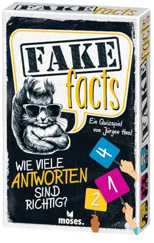 moses Fake Facts, schnelles Fakten Quiz für gesellige Spieleabende, Quizspiel mit versteckten Fakes, Ratespaß mit 150 Fragen und 750 Antworten, schwarz, Kartenspiel ab 12 Jahren