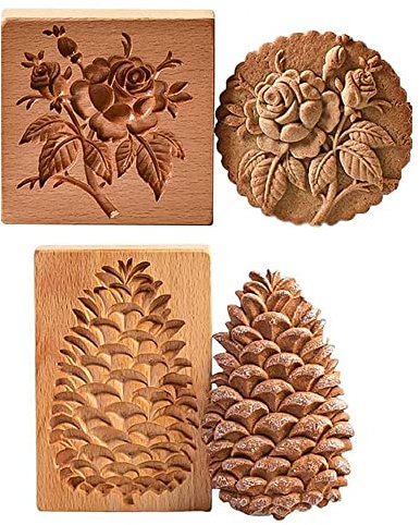 Kocusu Plätzchenformen aus Holz,Keksformen Tannenzapfen Rose,Holzbackform Cookie Cutter,Plätzchen Ausstecher,Ausstechform aus Holz,3D Geschnitzt für Muffin,Keks,2 Stück