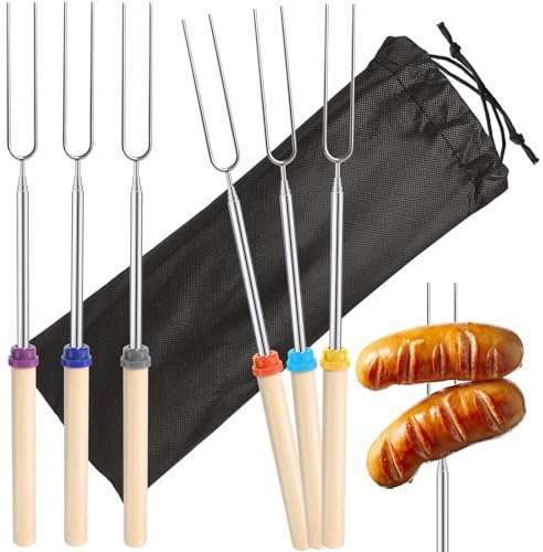 Lot de 6 brochettes télescopiques pour feu de camp, marshmallow, bâtons de pain, brochettes extensibles en acier inoxydable pour barbecue, feu de camp, barbecue de camping, fête de jardin