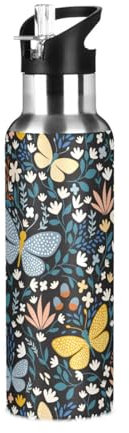 Stainless Steel Water Bottle with Straw, Butterflies Flowers Floral Insulated Drink Flask Sports Water Bottle for Kids Adults, Leakproof, 1L