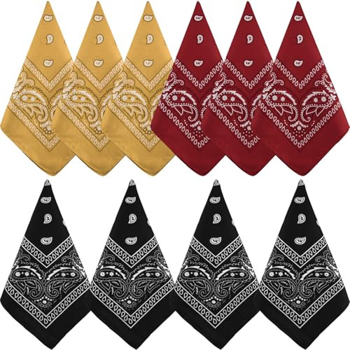 NACHLYNN 10 Stück Paisley-Bandanas, verschiedene Bandanas, Cowboy-Stirnbänder aus Polyester, quadratischer Schal, Kopfbedeckung (10, Khaki, Schwarz, Burgunderrot)