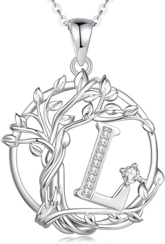 FANCIME Lebensbaum Buchstaben Kette Damen, 925 Sterling Silber L Alphabet Initialen Anhänger Halskette Schmuck Geschenke für Damen Frauen Mädchen, Kettenlänge: 40+5 cm