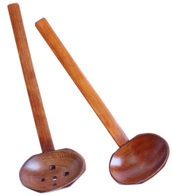 Hoement Japanese Style Long Handle Wooden Spoons Set of 2 Nanmu Wood Spoon with Hole for Home Dining Room and Kitchen Use