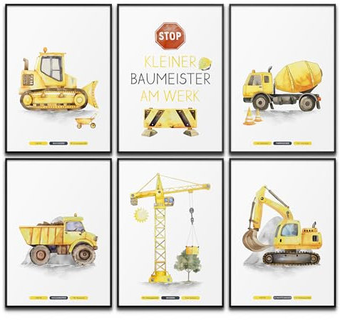 Kleiner Baumeister Poster Set Baufahrzeuge Sensorische Kinderzimmer Bilder Kran Mädchen & Jungen Kipplaster Bagger Bild Baustelle Babyzimmer Deko (Kleine Baumeister | Sensorisch Gelb, 6x DIN A4)