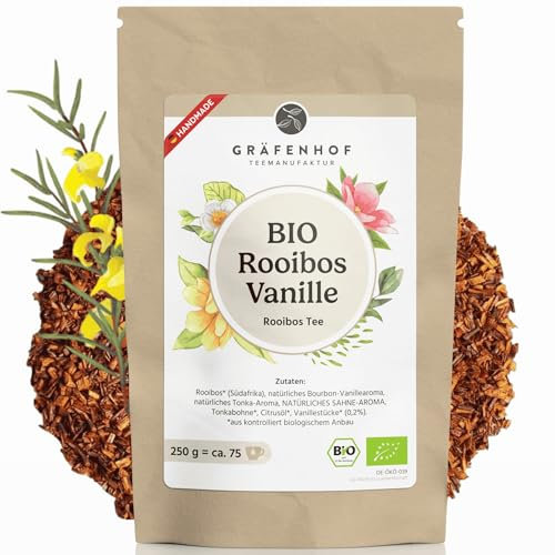 Rooibos Vanille Bio Tee, 250g cremig süß, loser mit echten Vanilleschoten, zu 100% rein und geprüft, aus kontrolliert biologischem Anbau, ohne Koffein, Premium Gräfenhof Tee