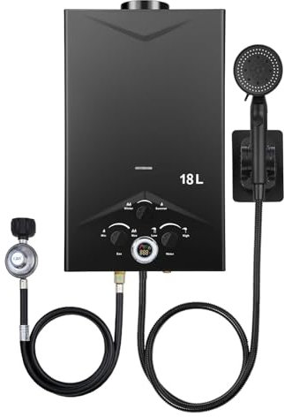 Scaldacqua a gas propano GPL 18L, scaldabagno istantaneo senza serbatoio 36 kw con kit doccia,Pressione dell'acqua di avviamento super bassa,Bruciatore di caldaia per campeggio, camper, casa (nero)