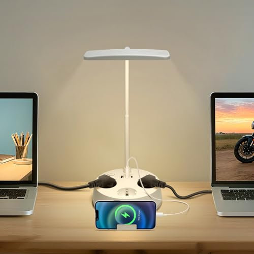 Aigostar Schreibtischlampe mit Stecker und Steckdosen, USB- und Typ-C-Ausgang, Touch-Tischlampe, 3 Farben&Stufenloses Dimmen, Schwanenhals Leselicht für Büro, Schlafzimmer (Weiß)