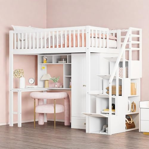 Sapgaks Letto a Castello per Bambini 90 x 200 Con Armadio, Soppalco 2 Posti, Capanna Con Barriere, Scrivania e Scala