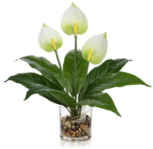 Briful 15.4 Artificial Flowers White Anthurium in Glass Vase with Pebbles, 39cm Tall Fake Plants Real Touch Flowers - Decorative Artificial Plants for Living Room, Bathroom Shelf Decor